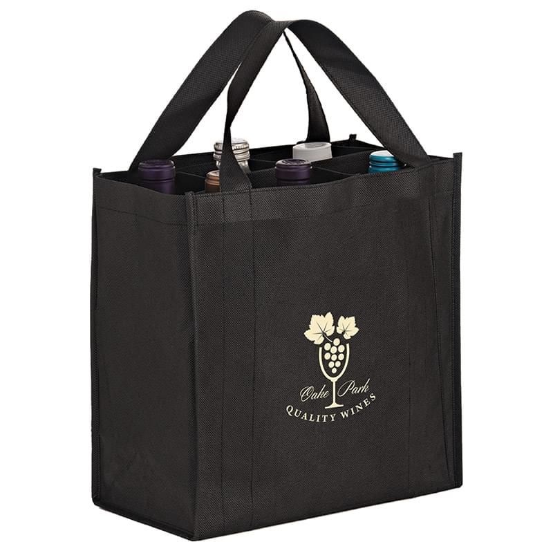 VINER6_Black_162259 6 Bottle Non-Woven Wine Tote Bag with removable divider |11x7x12| - Screen Print - Image 1